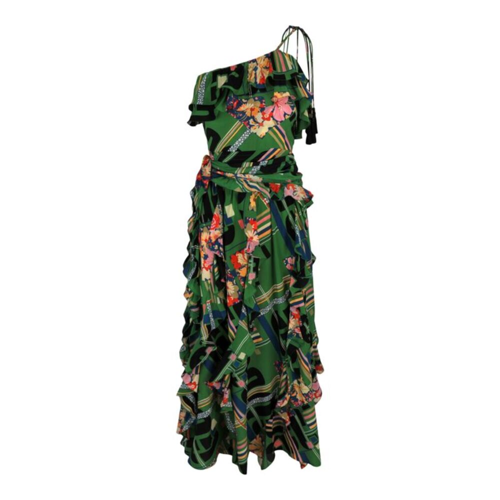Gucci Floral Check-Print Ruffled Silk-Crepe Dress Multi Womens